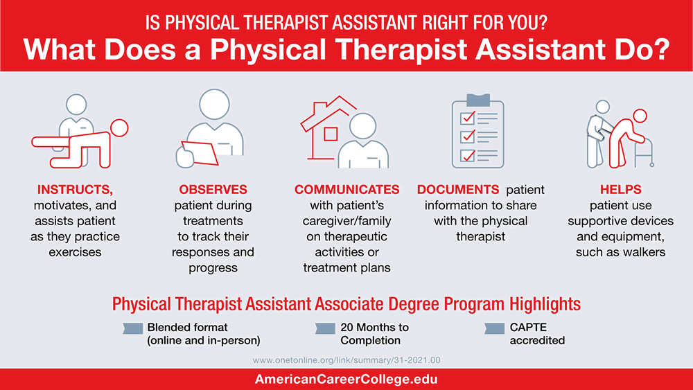 What does a physical therapist assistant do? Instructs/motivates/assists patients, observes during treatments, communicates with caregiver/family, documents patient information, helps with supportive devices