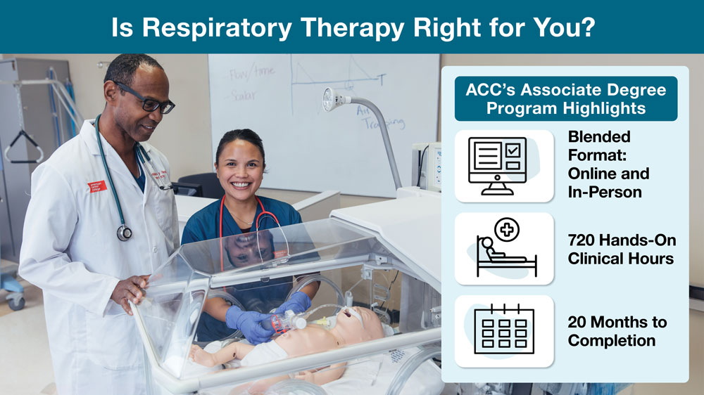 Is Respiratory Therapy Right for You? ACC&rsquo;s Associate Degree Program Blended Format (Online and In-Person) 720 Hands-On Clinical Hours and 20 months to completion